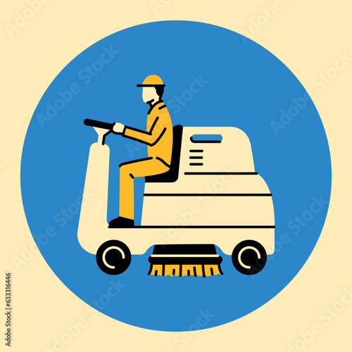 Man on car sweeper color line icon. Cleaning company