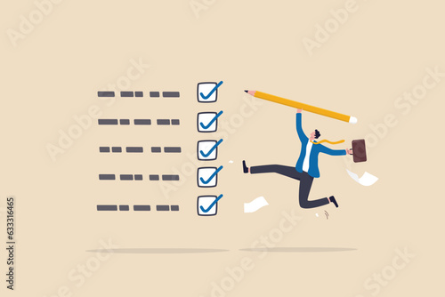 Complete task get work done, accomplish work or finish checklist, project management or good result survey, productive concept, happy businessman jumping high after completed tasks or accomplish work.