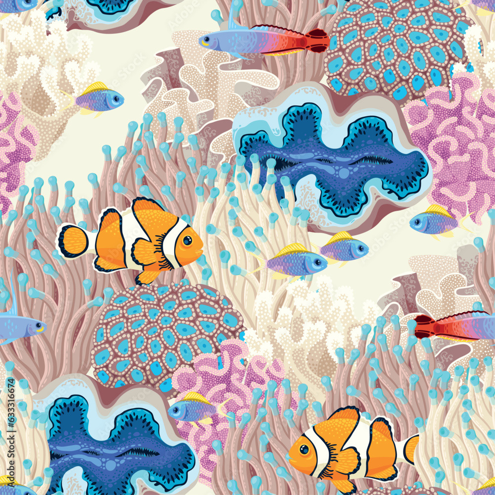 Sea wildlife with corals and fish seamless pattern