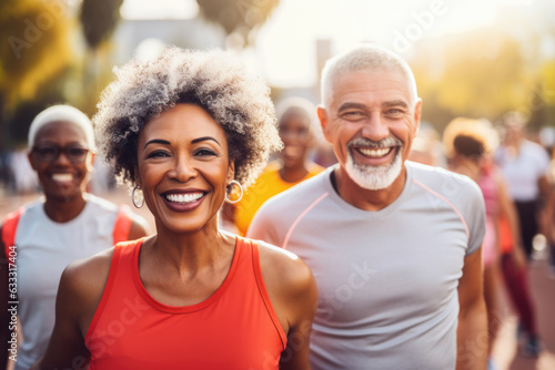 Close-up portrait of happy active middle-aged couple jogging in park together. Seniors doing sports outdoors.