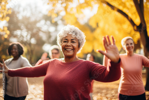 Group of smiling elderly women dancing in park together doing sports. Outdoors activity in autumn.