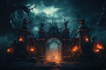 Gate with Halloween theme background. scary cemetery gate. Generative AI