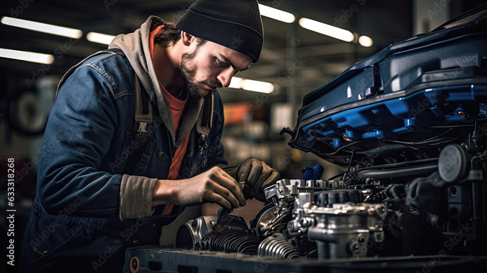 Automotive repair as an expert auto repair specialist focuses on fixing a damaged exhaust muffler, ensuring quieter operation and reducing harmful emissions. Generated by AI. Automotive repair as an expert auto repair specialist focuses on fixing a damaged exhaust muffler, ensuring quieter operation and reducing harmful emissions. Generated by AI.