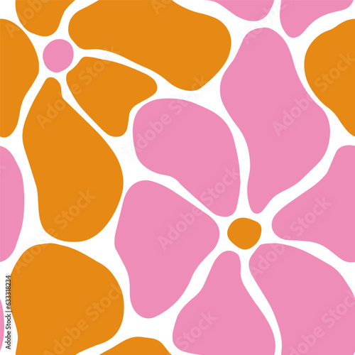 Abstract Daisy Seamless Pattern. Matisse curves aesthetic. Doodle flowers in Naive Hippie 1970 style. Groovy Floral Vector Illustration in pink, and orange colors for T-Shirts, Wallpaper, Case Phone.