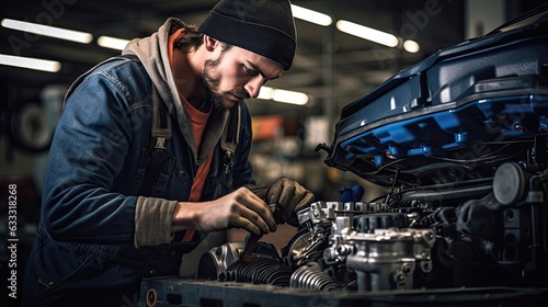 Automotive repair as an expert auto repair specialist focuses on fixing a damaged exhaust muffler  ensuring quieter operation and reducing harmful emissions. Generated by AI.