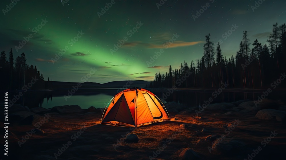 tent in the forest at night with northern lights.