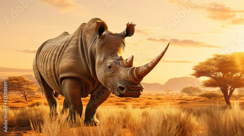 Rhinoceros in the savanna at sunset. Generative AI