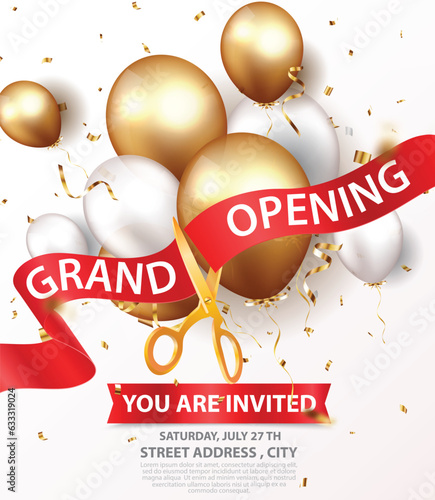 Grand opening invitations card design with gold ribbon, confetti and balloons