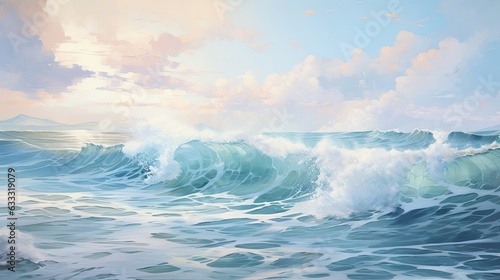 Calm and tranquil ocean waves gently lapping the shore create a soothing and meditative ambiance, inviting a moment of serene contemplation by the water's edge. Generated by AI.