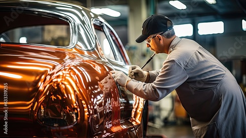 Car in a professional auto body shop, using specialized equipment and meticulous attention to detail to ensure an impeccable finish. Generated by AI.