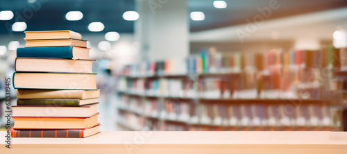 Stack of books in the library room with a blurry background.