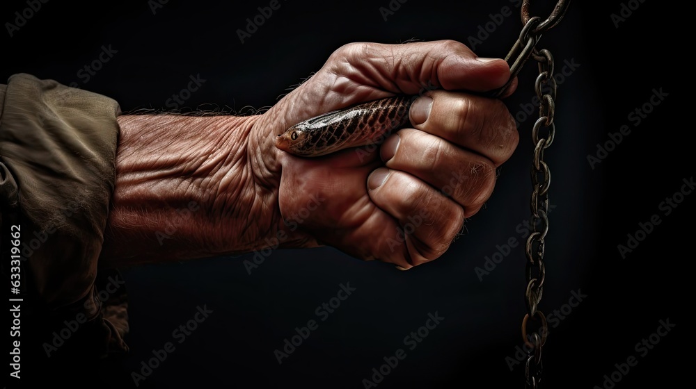 Close-up of a fisherman's weathered hands delicately holding a fishing hook, each line and callus a testament to years of angling dedication. Generated by AI. Close-up of a fisherman's weathered hands delicately holding a fishing hook, each line and callus a testament to years of angling dedication. Generated by AI.