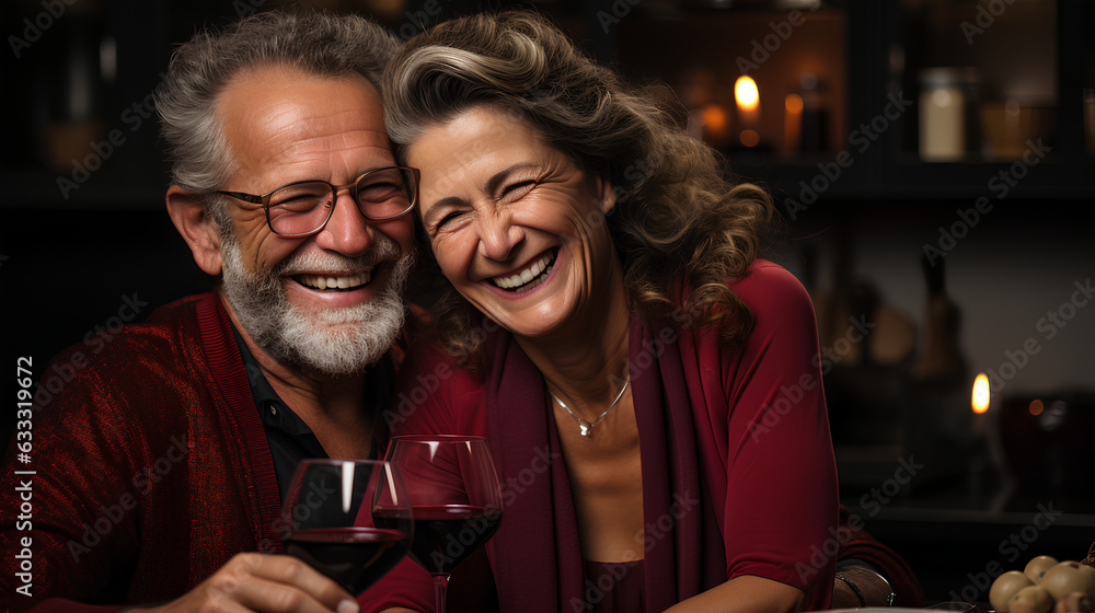 cheerful senior couple looking at camera while holding glasses of red wine cheerful senior couple looking at camera while holding glasses of red wine