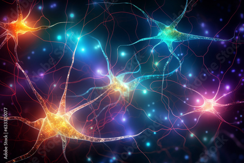 Neurons glowing in different colors to depict communication, neuron Generative AI