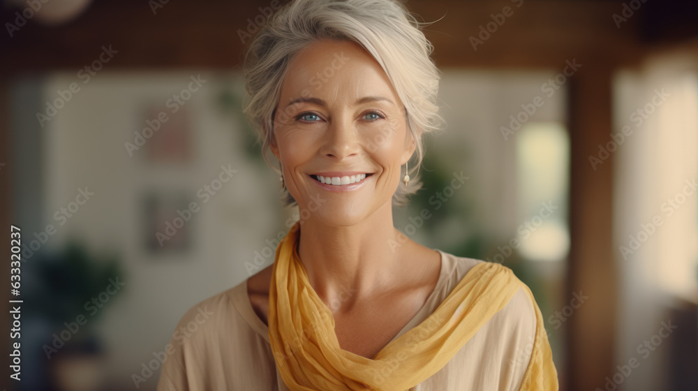 Successful beautiful middle aged woman at home smiling. Generative AI Successful beautiful middle aged woman at home smiling. Generative AI
