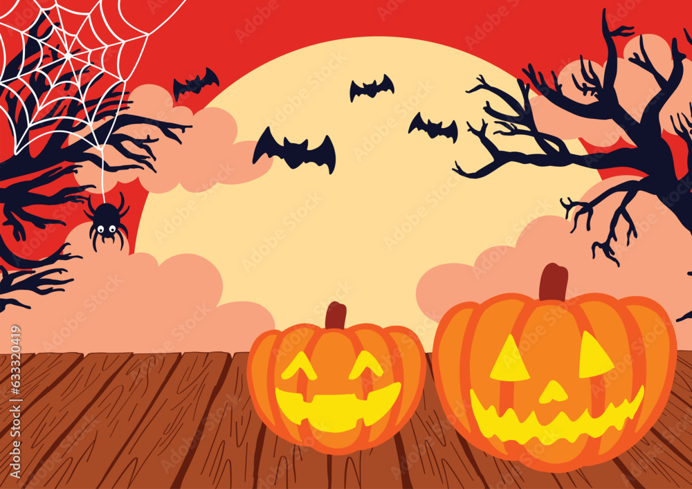 Halloween Pumpkins and Flying Bats on Wooden Background, Vector Illustration