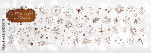 Collection of doodle stars on white glowing background. Vector sketch illustration