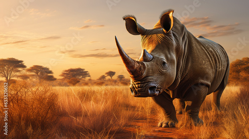 Rhinoceros in the savanna at sunset. Generative AI