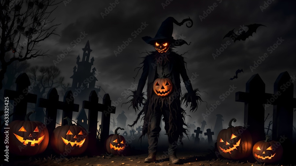 Unveiling the Devilish Scarecrow's Deception in the Eerie Nighttime Graveyard of Halloween ai generated