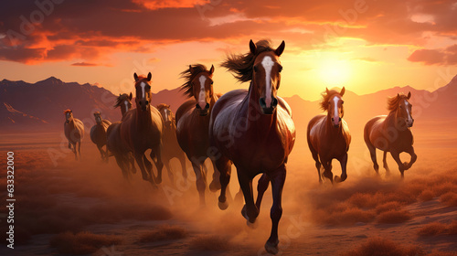 Herd of horses in the meadow at sunrise. Generative AI