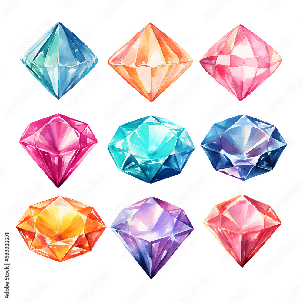 Fototapeta premium Colorful diamond watercolor illustration isolated on white background