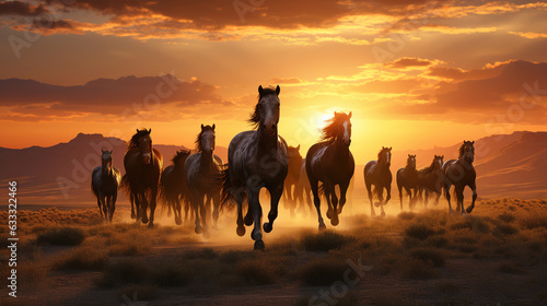 Herd of horses in the meadow at sunrise. Generative AI