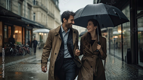 A young man and woman couple happily walking in rainy european downtown.jpeg (ID: 633322814)