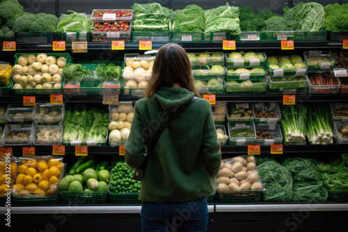 Young woman in front of fresh vegetables in a supermarket checking prices (ID: 633322896)