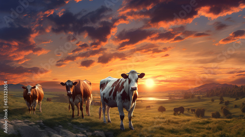 Cows on the meadow at sunset. Generative AI