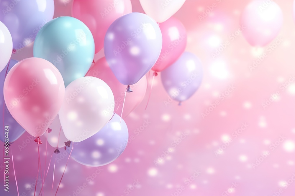 close up of colorful pink cyan tone balloons flying in the air, levitation,pink pastel background for design with copy space