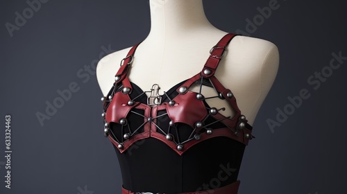 Strappy and edgy faux leather harness bra, designed to exude confidence and add a provocative twist to your ensemble. Generated by AI.