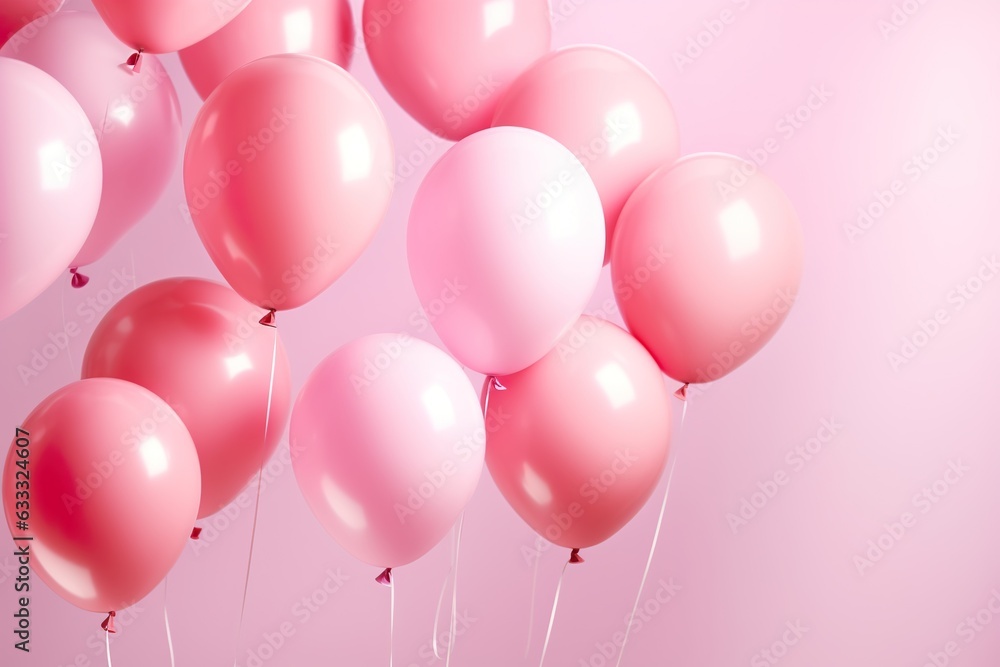  close up of pink tone balloons flying in the air, levitation,pink pastel background for design with copy space