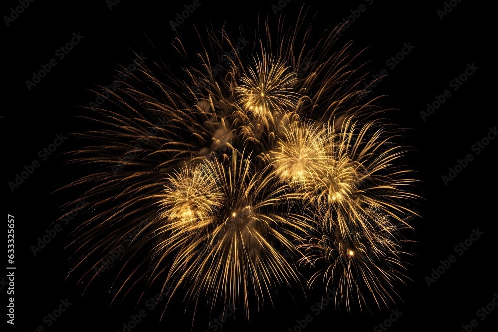 Stunning New Year celebration with bright lights. Abstract fireworks lighting up sky. Bursting colors and golden glow on black background Stunning New Year celebration with bright lights. Abstract fireworks lighting up sky. Bursting colors and golden glow on black background