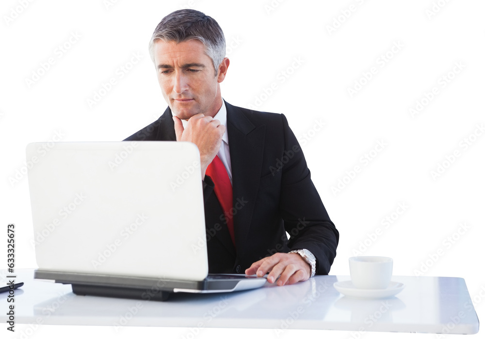Digital png photo of caucasian businessman using laptop on transparent background Digital png photo of caucasian businessman using laptop on transparent background