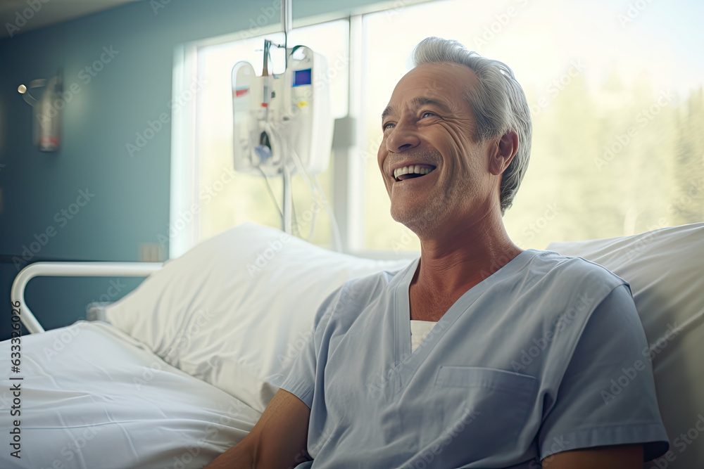 Obraz premium Portrait of a beautiful mature adult men patient in a clinic hospital room on a bed receiving good news. happy smiling men, generative ai
