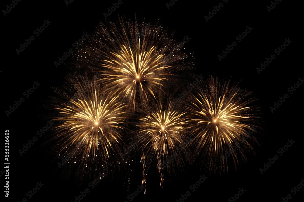 Stunning New Year celebration with bright lights. Abstract fireworks lighting up sky. Bursting colors and golden glow on black background