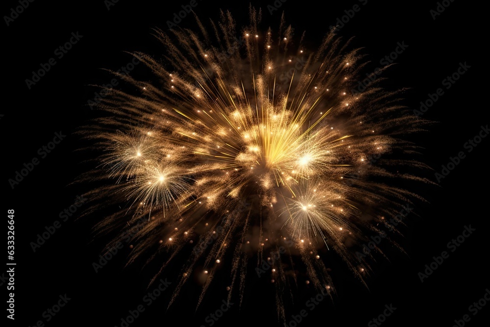 Stunning New Year celebration with bright lights. Abstract fireworks lighting up sky. Bursting colors and golden glow on black background