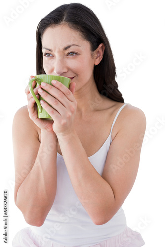 Digital png photo of biracial woman drinking coffee on transparent background