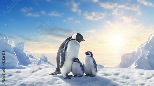 Polar penguin family with sunshine. Generative AI