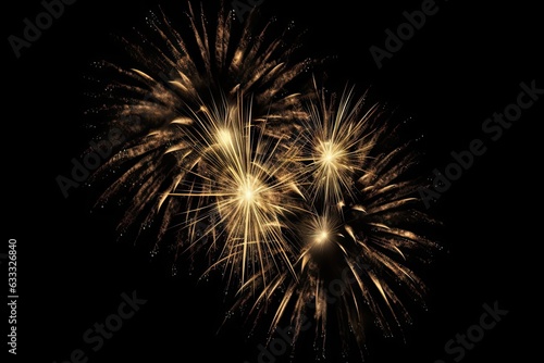 Stunning New Year celebration with bright lights. Abstract fireworks lighting up sky. Bursting colors and golden glow on black background