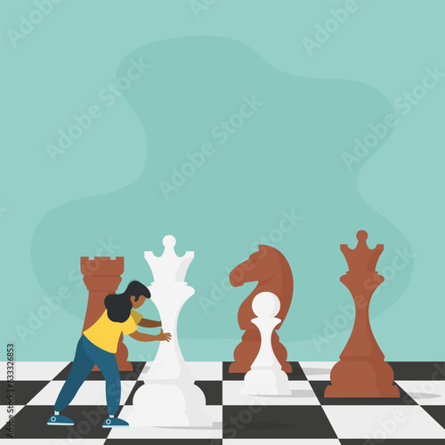 Businesswoman on the chessboard. A man chess player moves a piece on a chessboard. Business strategy concept. Vector illustration.