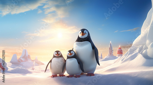 Polar penguin family with sunshine. Generative AI