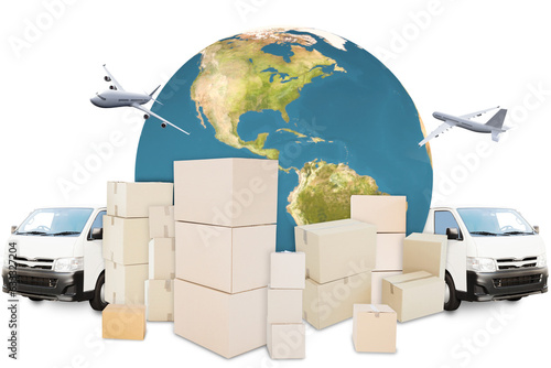 Digital png illustration of globe with boxes, planes and trucks on transparent background