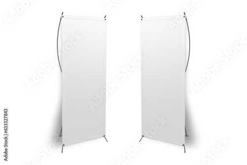 Blank X-Stands banner displays isolated on white background. side view. 3d rendering.