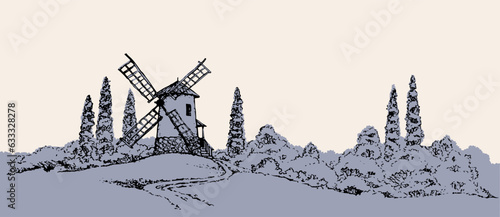 Vector drawing. The outline of the summer landscape with mill