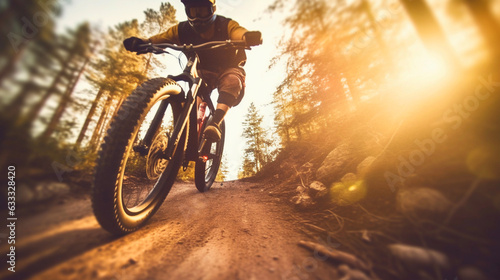Woods in Motion: Blurred Background of a Speeding Biker. Ai generative © Andrii