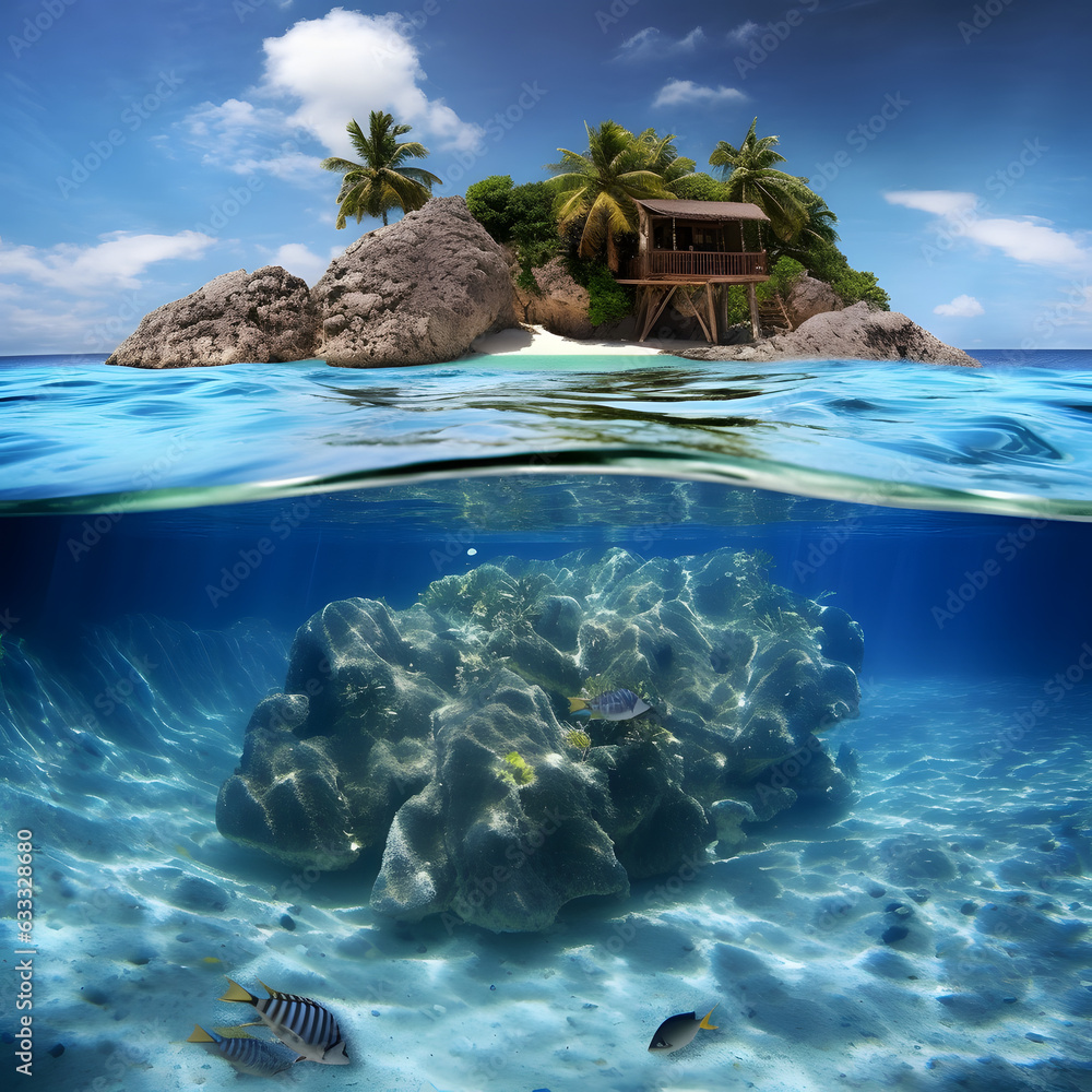island paradise crystal-clear waters snorkeling Hyper-rea generative AI - obrazy, fototapety, plakaty 