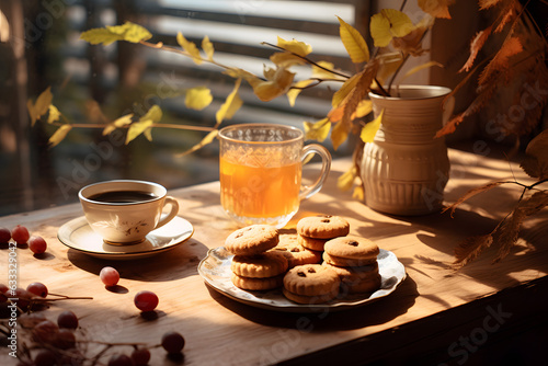 Fotografia Glass cup of tea, with fruit and cookies, sunny Autumn day atmosphere, decorated