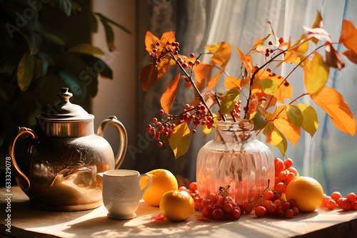 Fotomurale Glass cup of tea, with fruit and cookies, sunny Autumn day atmosphere, decorated