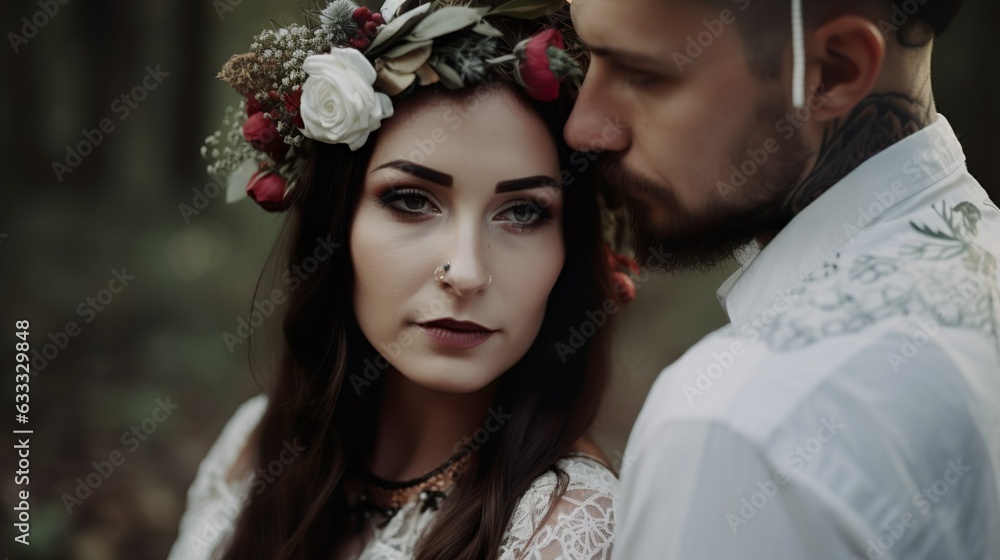 Boho vibe wedding couple close up portrait Boho vibe wedding couple close up portrait